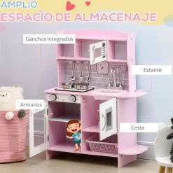 Cocina infantil Homcom con luz y sonidos +3A rosa 90x70x29 cm