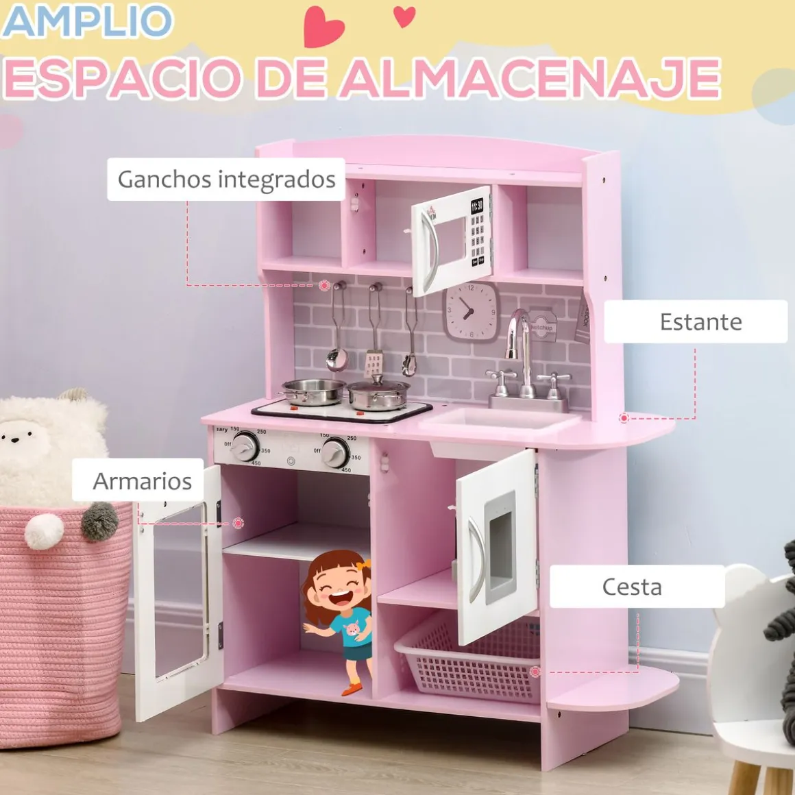 Cocina infantil Homcom con luz y sonidos +3A rosa 90x70x29 cm