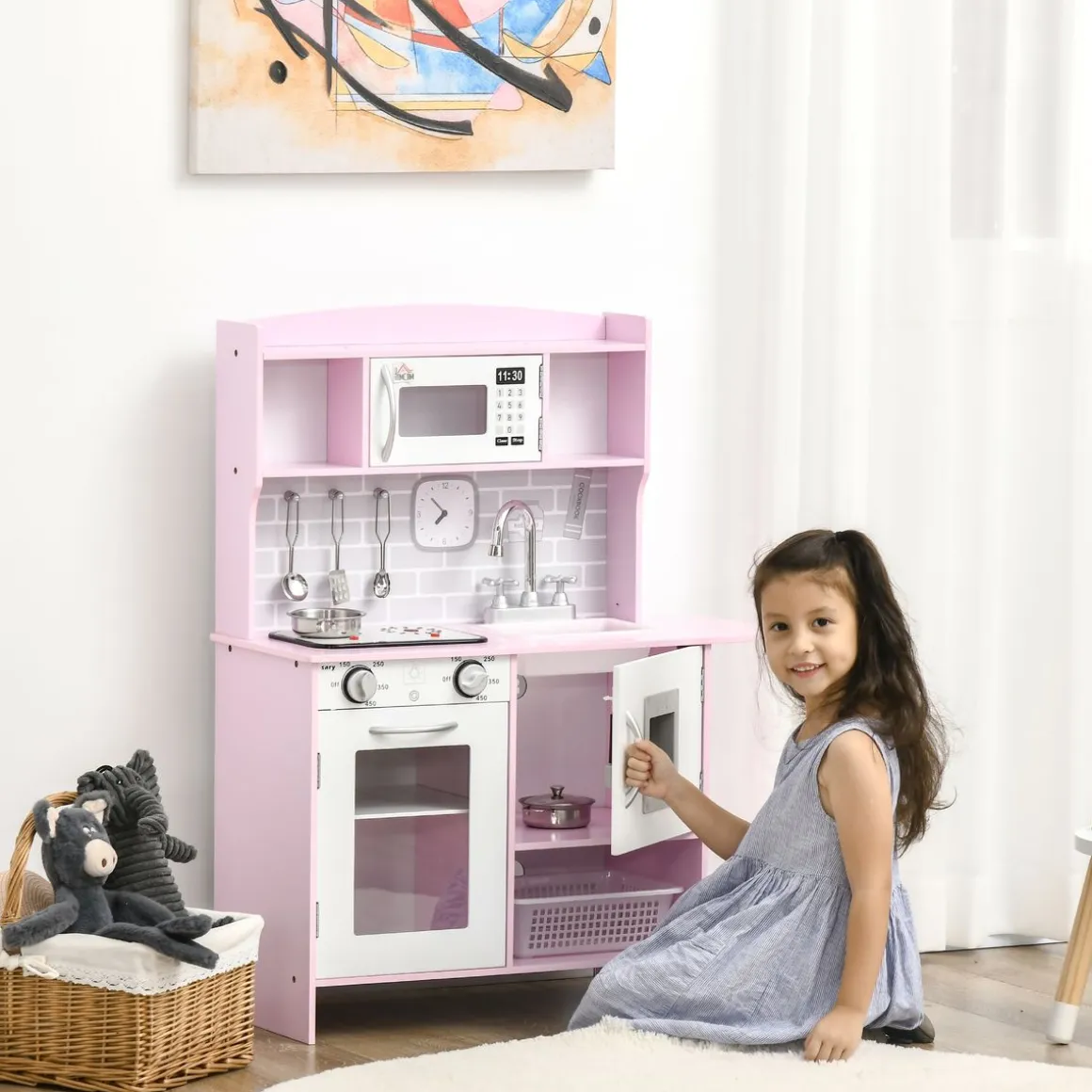 Cocina infantil Homcom con luz y sonidos +3A rosa 90x70x29 cm