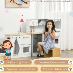 Cocina infantil Homcom con luces y sonido + accesorios +3A blanco/natural