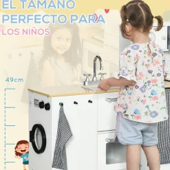 Cocina infantil Homcom con luces y sonido + accesorios +3A blanco/natural