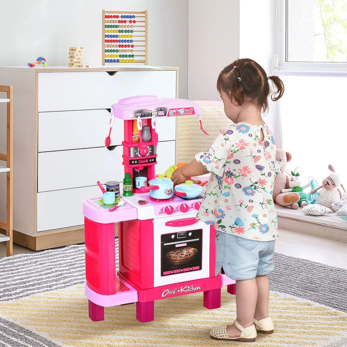 Cocinita de juguete Baby Homcom 38 accesorios +3A rosa 87x78x29 cm