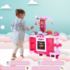 Cocinita de juguete Baby Homcom 38 accesorios +3A rosa 87x78x29 cm