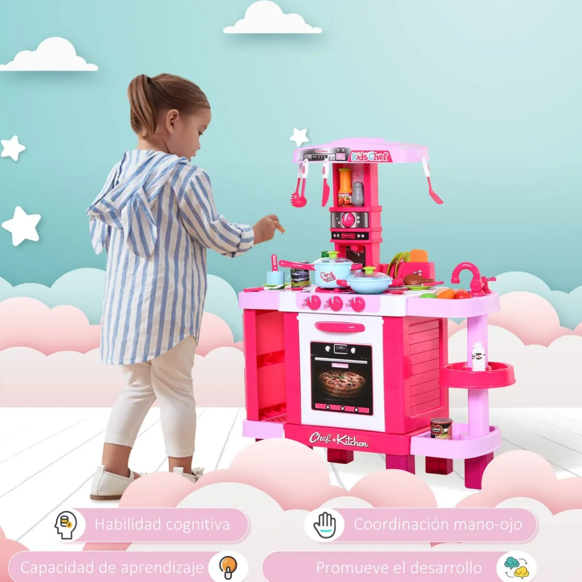 Cocinita de juguete Baby Homcom 38 accesorios +3A rosa 87x78x29 cm