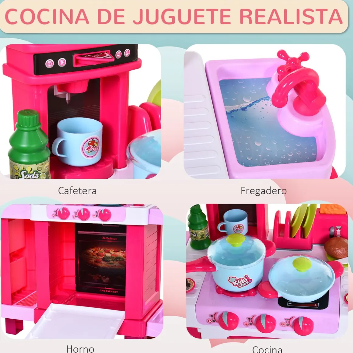 Cocinita de juguete Baby Homcom 38 accesorios +3A rosa 87x78x29 cm