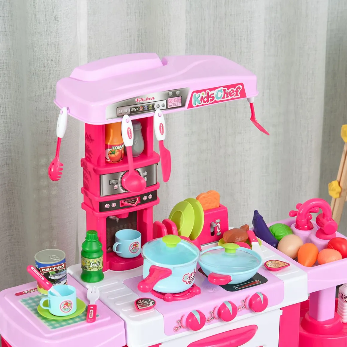Cocinita de juguete Baby Homcom 38 accesorios +3A rosa 87x78x29 cm