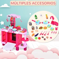 Cocinita de juguete Baby Homcom 38 accesorios +3A rosa 87x78x29 cm