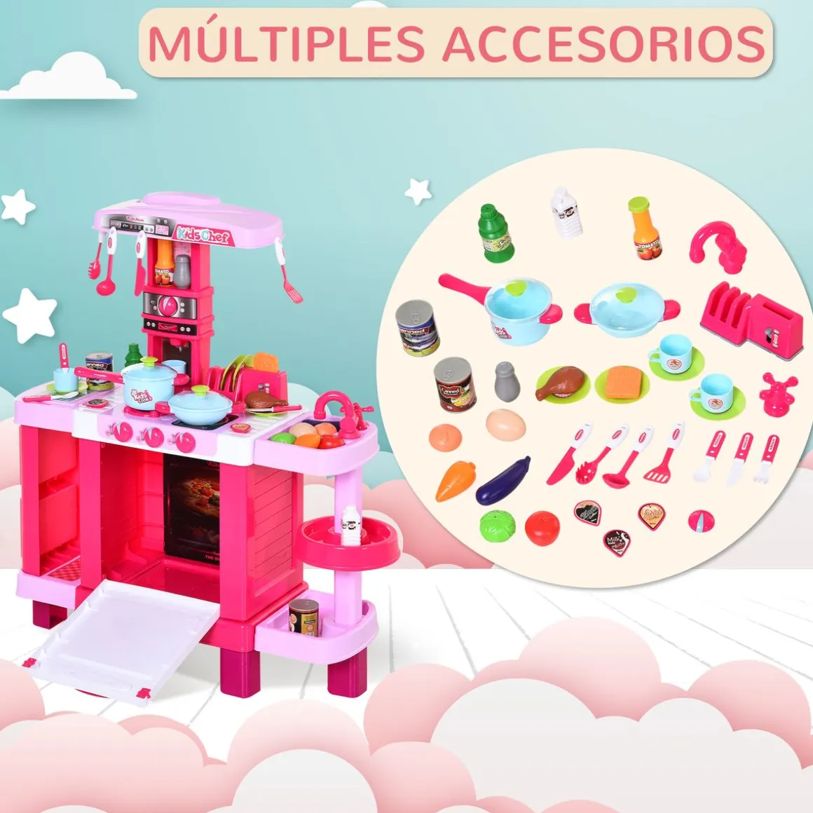 Cocinita de juguete Baby Homcom 38 accesorios +3A rosa 87x78x29 cm