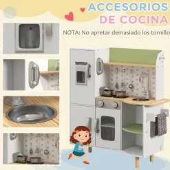 Cocinita infantil Aiyaplay con utensilios madera 3-6A blanco 89x84x34 cm