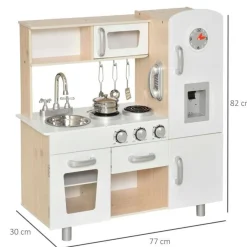 Cocinita infantil Homcom con sonidos+accesorios +3A blanco/madera 82x77x30 cm