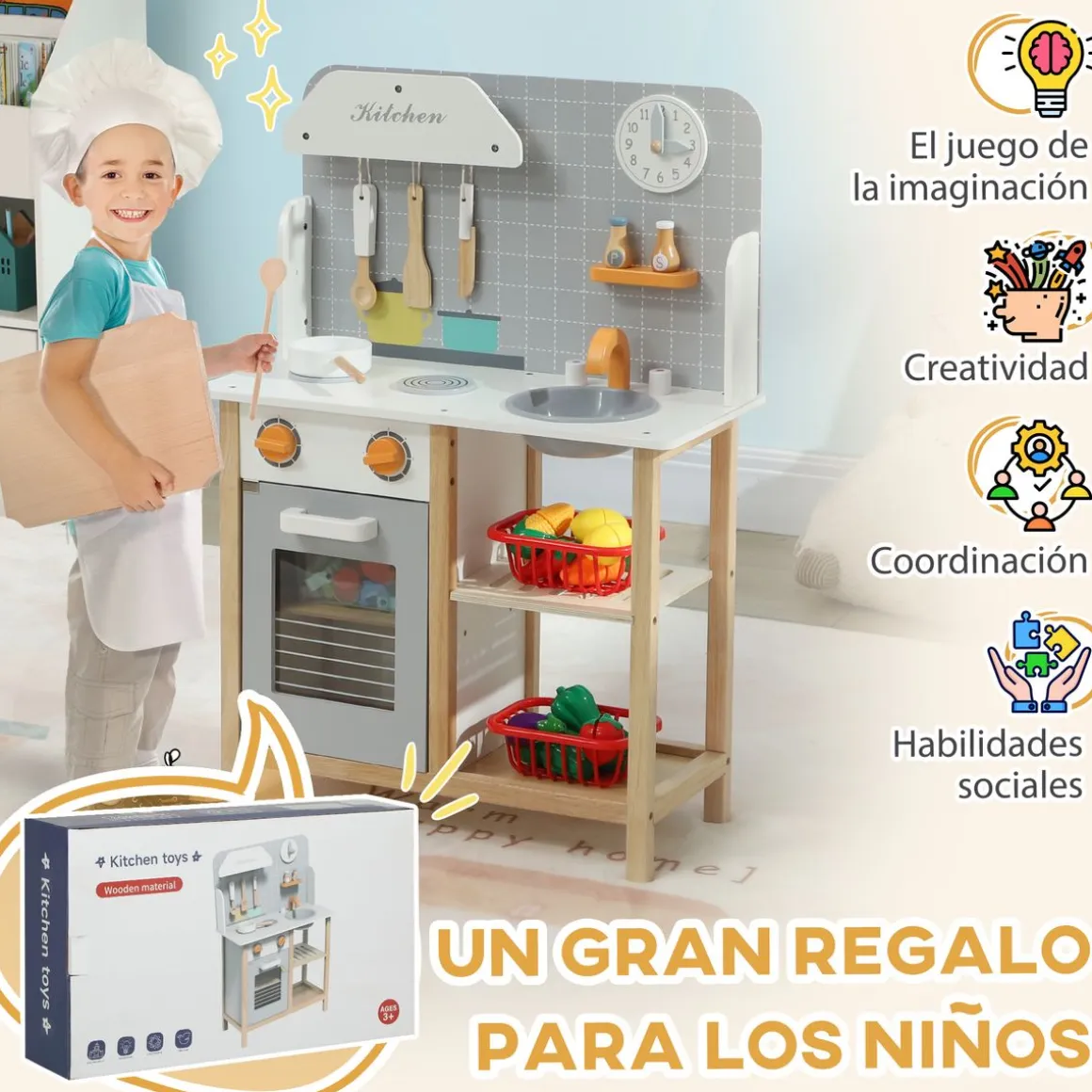 Cocinita infantil Rhio Aiyaplay con sonidos + accesorios +3A gris 82x57x26 cm