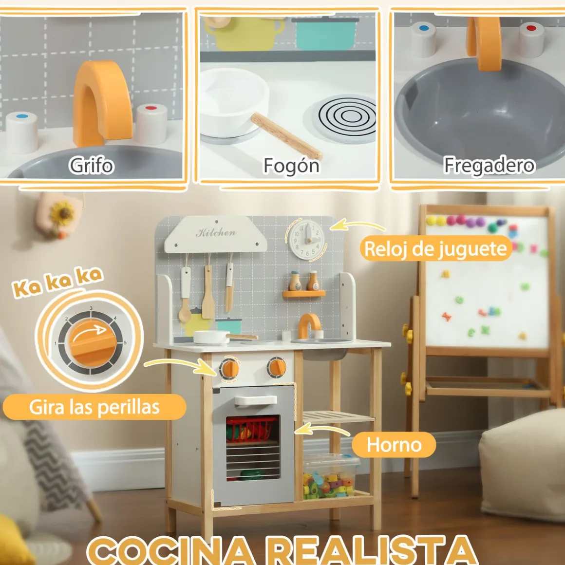Cocinita infantil Rhio Aiyaplay con sonidos + accesorios +3A gris 82x57x26 cm