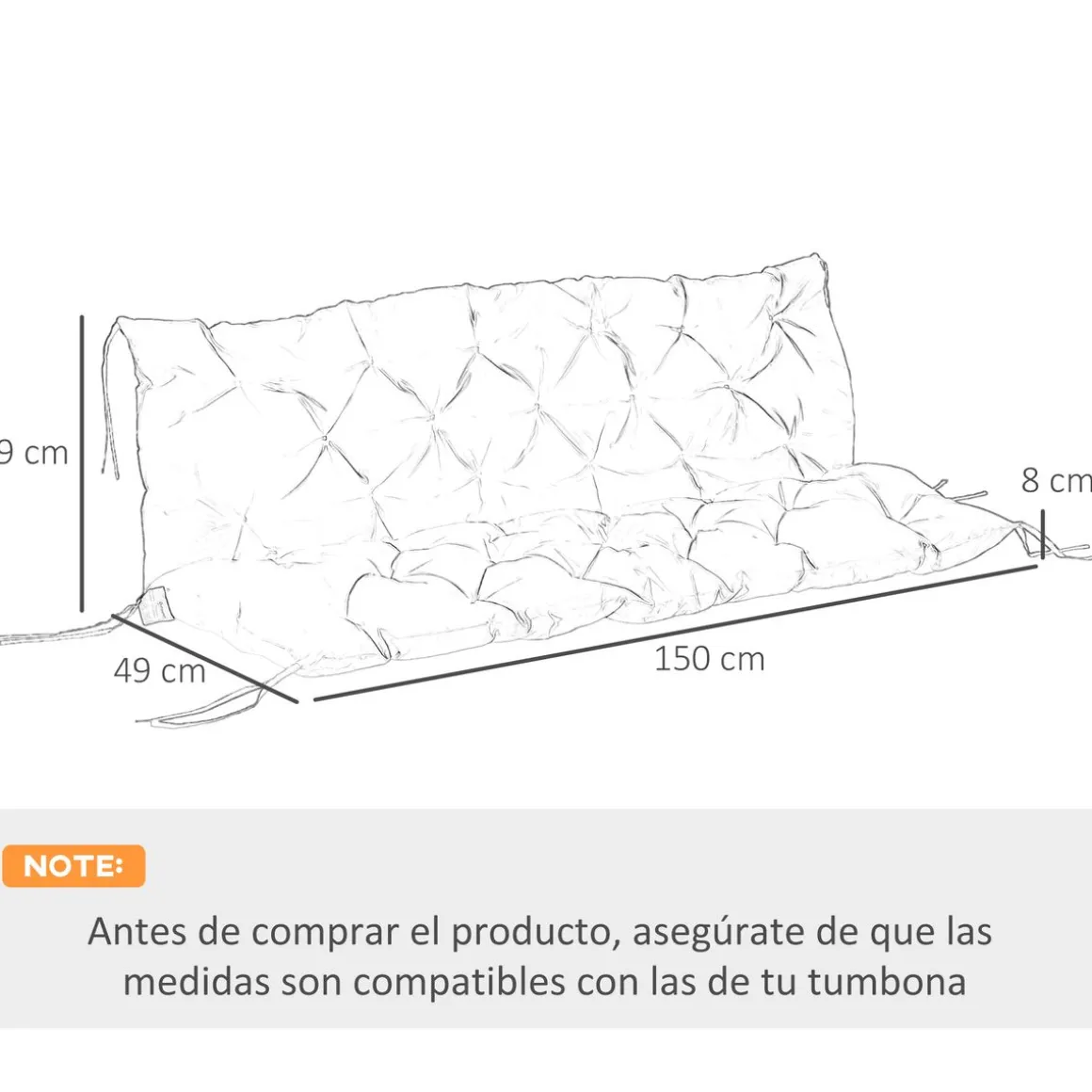 Cojín para asiento Outsunny con respaldo 3 plazas 26,5x48,5x8,5 cm