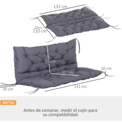 Cojín para asiento Outsunny 2 plazas con 6 cordones gris oscuro 10x132x110 cm