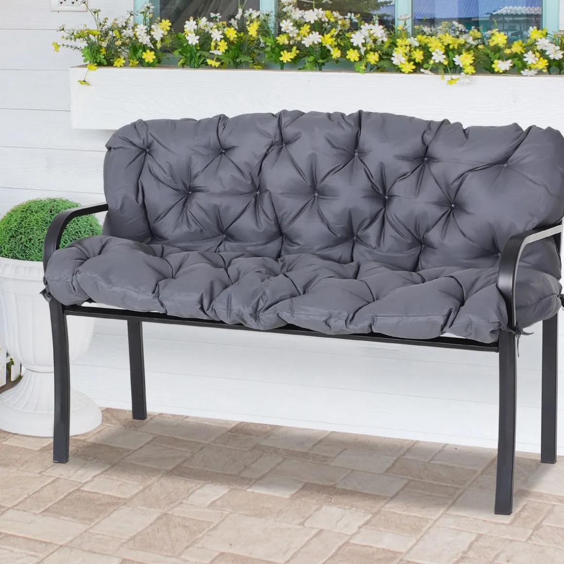 Cojín para asiento Outsunny 2 plazas con 6 cordones gris oscuro 10x132x110 cm