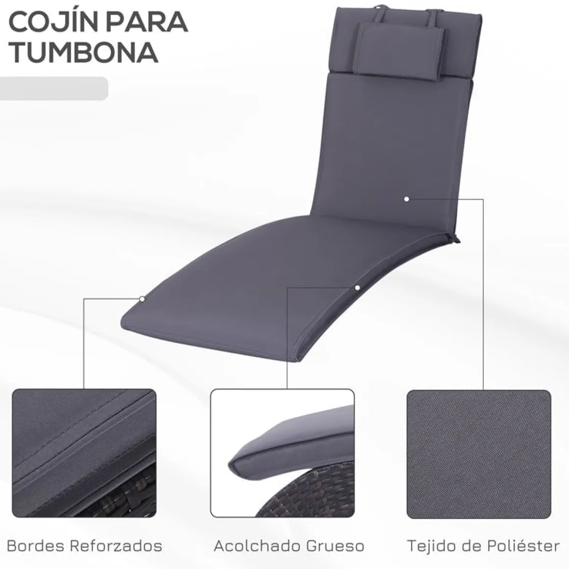 Cojín para tumbona Outsunny con reposacabezas 5x53x198 cm
