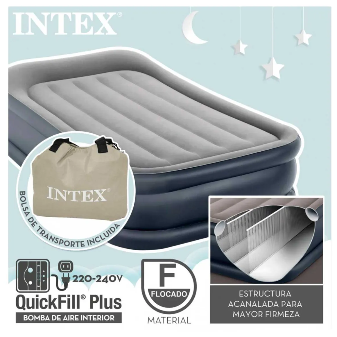 Colchón hinchable Dura-Beam Plus Deluxe Pillow con bomba gris 42x99x191 cm