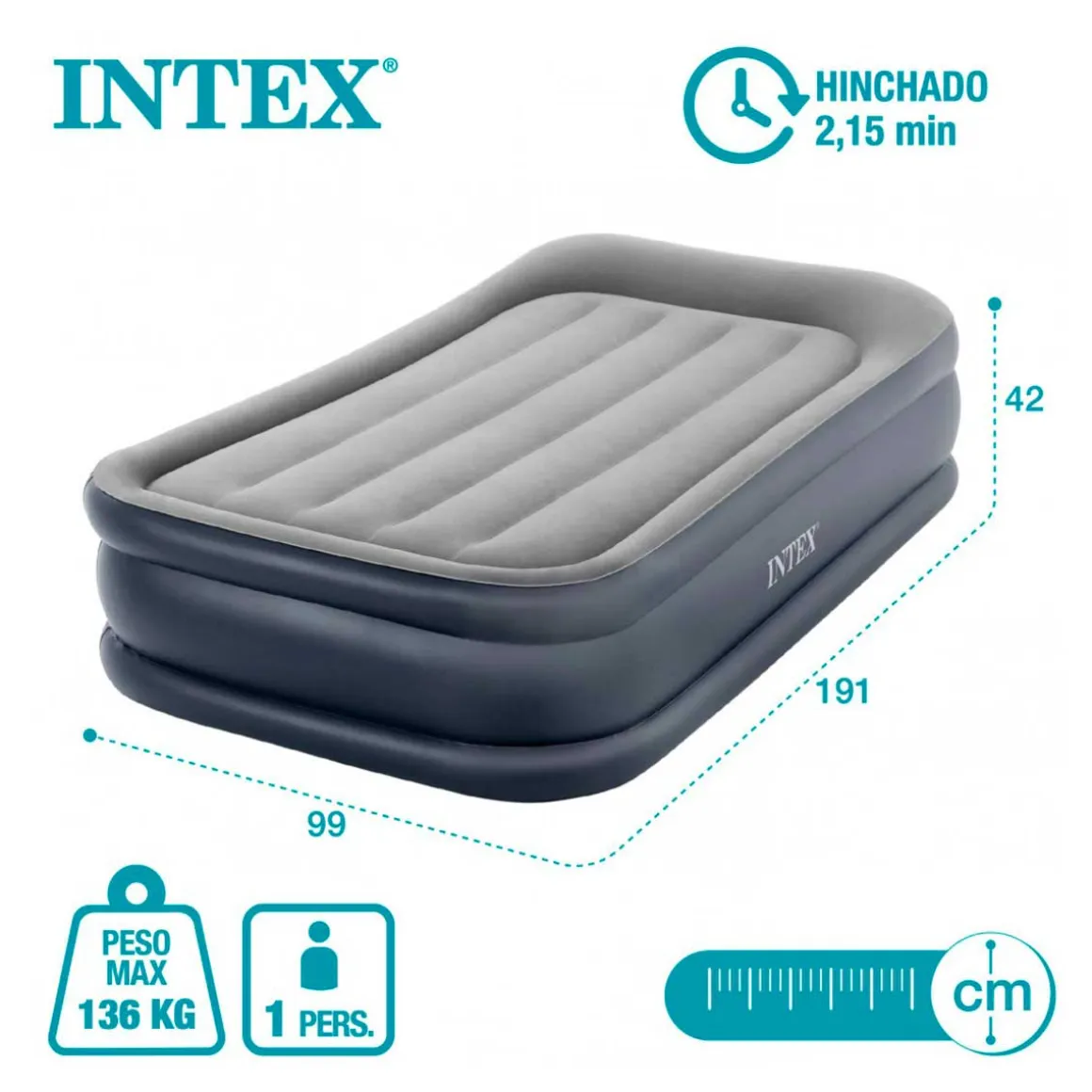Colchón hinchable Dura-Beam Plus Deluxe Pillow con bomba gris 42x99x191 cm