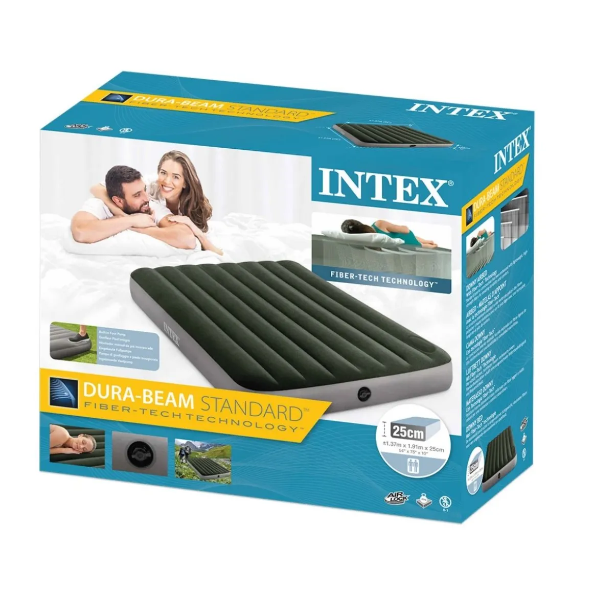 Colchón hinchable Intex Downy Full 2 personas bomba de pie gris 25x137x192 cm