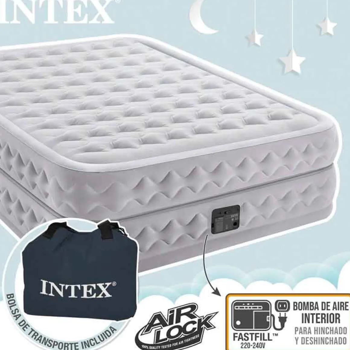 Colchón hinchable Supreme Air Flow Intex 2 usuarios con hinchador eléctrico gris 51x152x203 cm