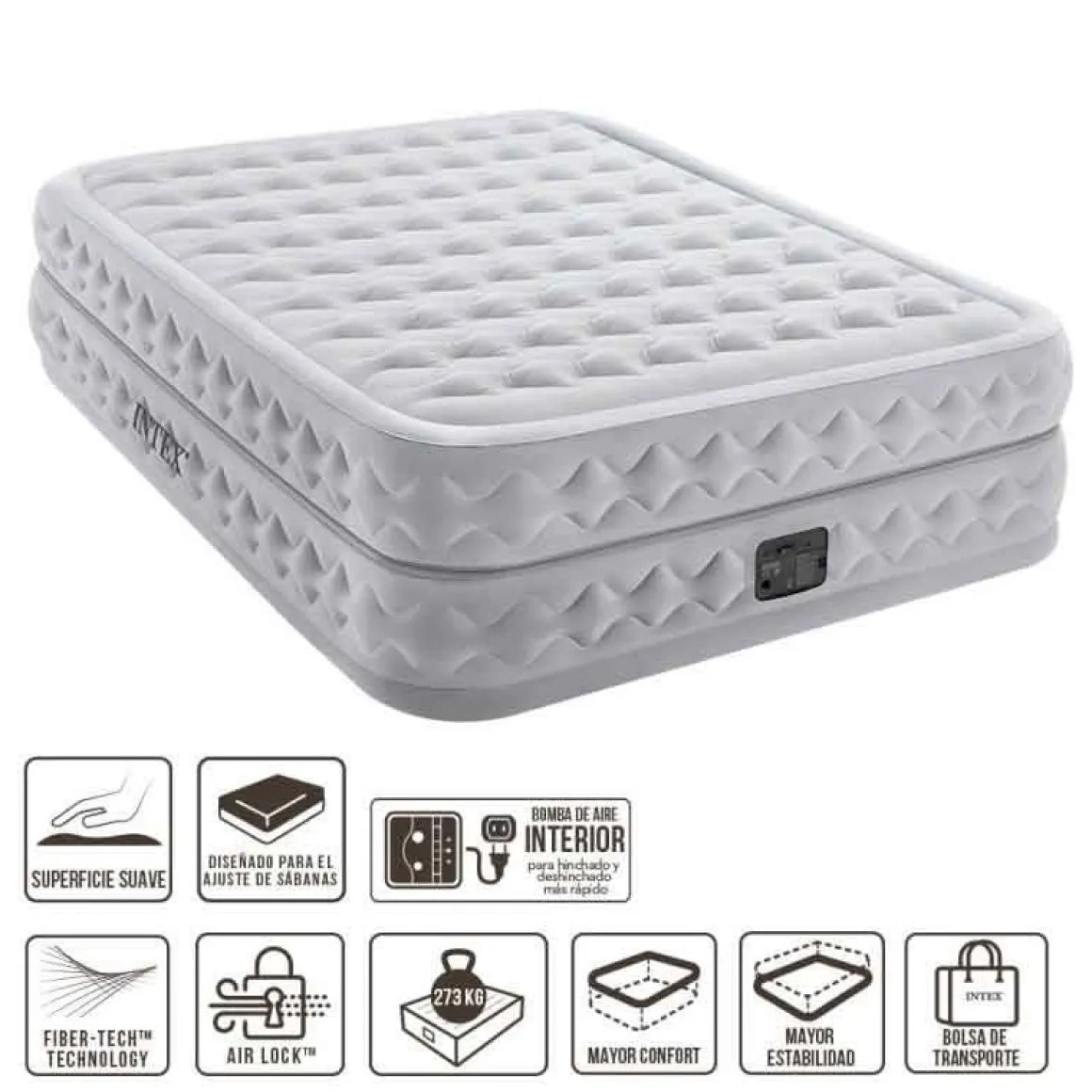 Colchón hinchable Supreme Air Flow Intex 2 usuarios con hinchador eléctrico gris 51x152x203 cm