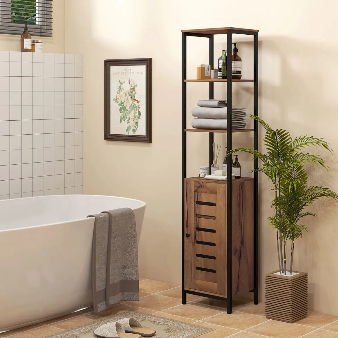 Columna de baño Moka Kleankin 2 estantes con armario marrón oscuro 167x37x30 cm