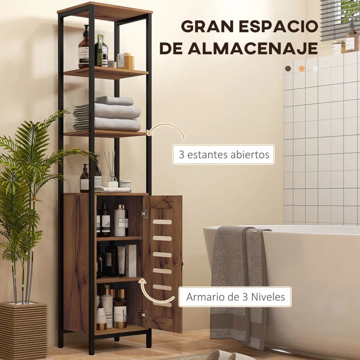 Columna de baño Moka Kleankin 2 estantes con armario marrón oscuro 167x37x30 cm