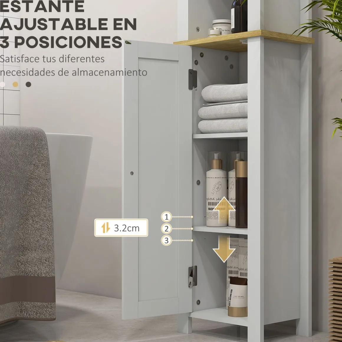 Columna de baño Monte Kleankin con puerta y 3 estantes blanco/natural 165x34x23 cm