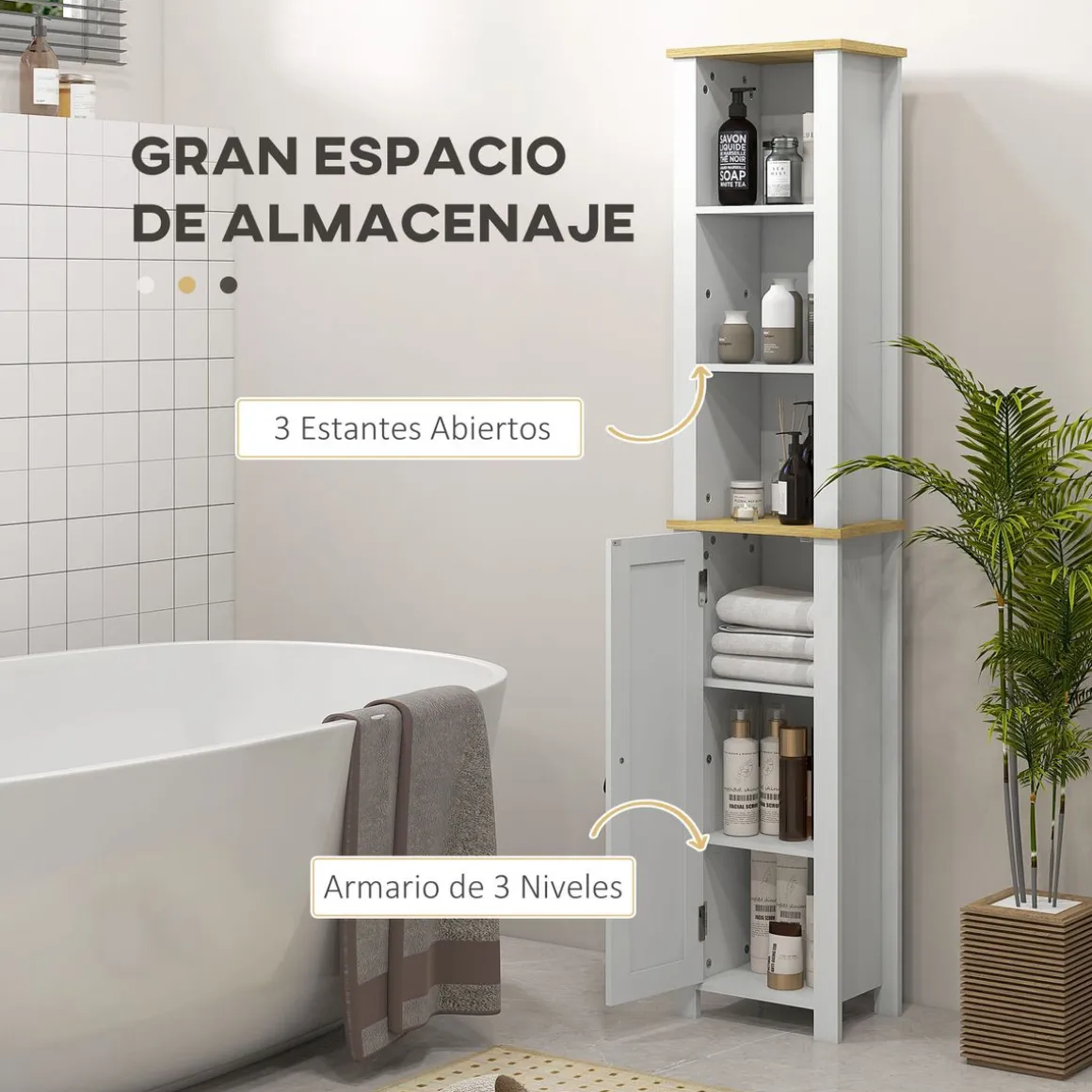 Columna de baño Monte Kleankin con puerta y 3 estantes blanco/natural 165x34x23 cm