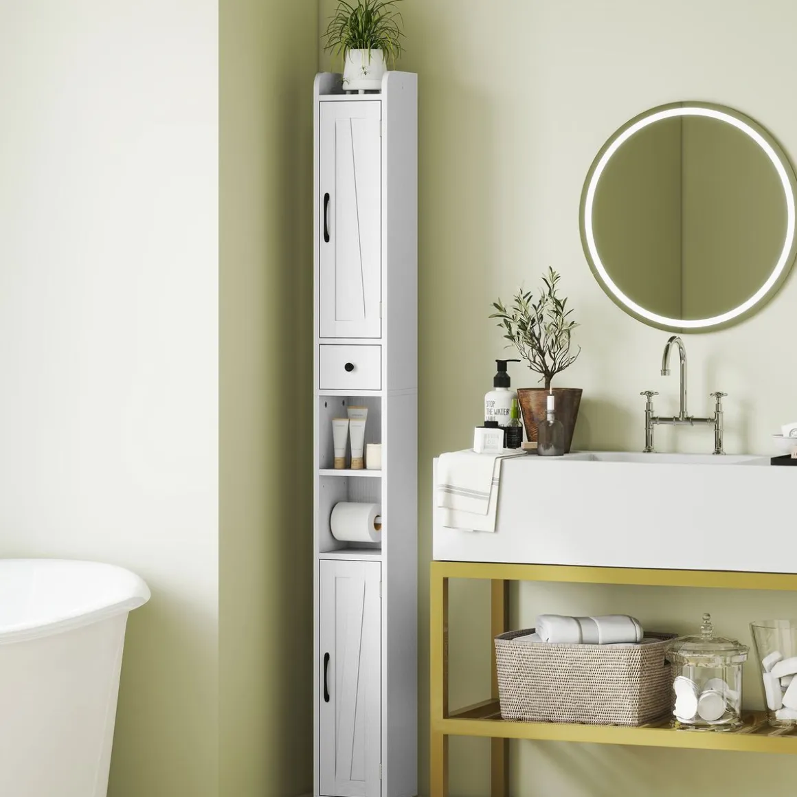 Columna de baño Over Homcom 2 puertas con portarrollos 185x20x20 cm