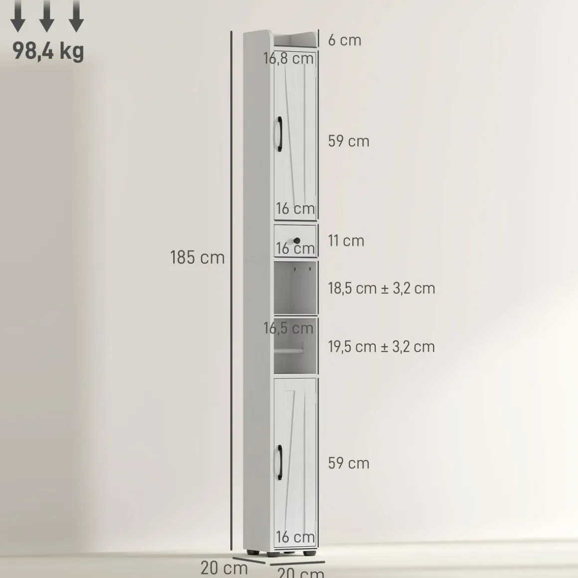 Columna de baño Over Homcom 2 puertas con portarrollos 185x20x20 cm
