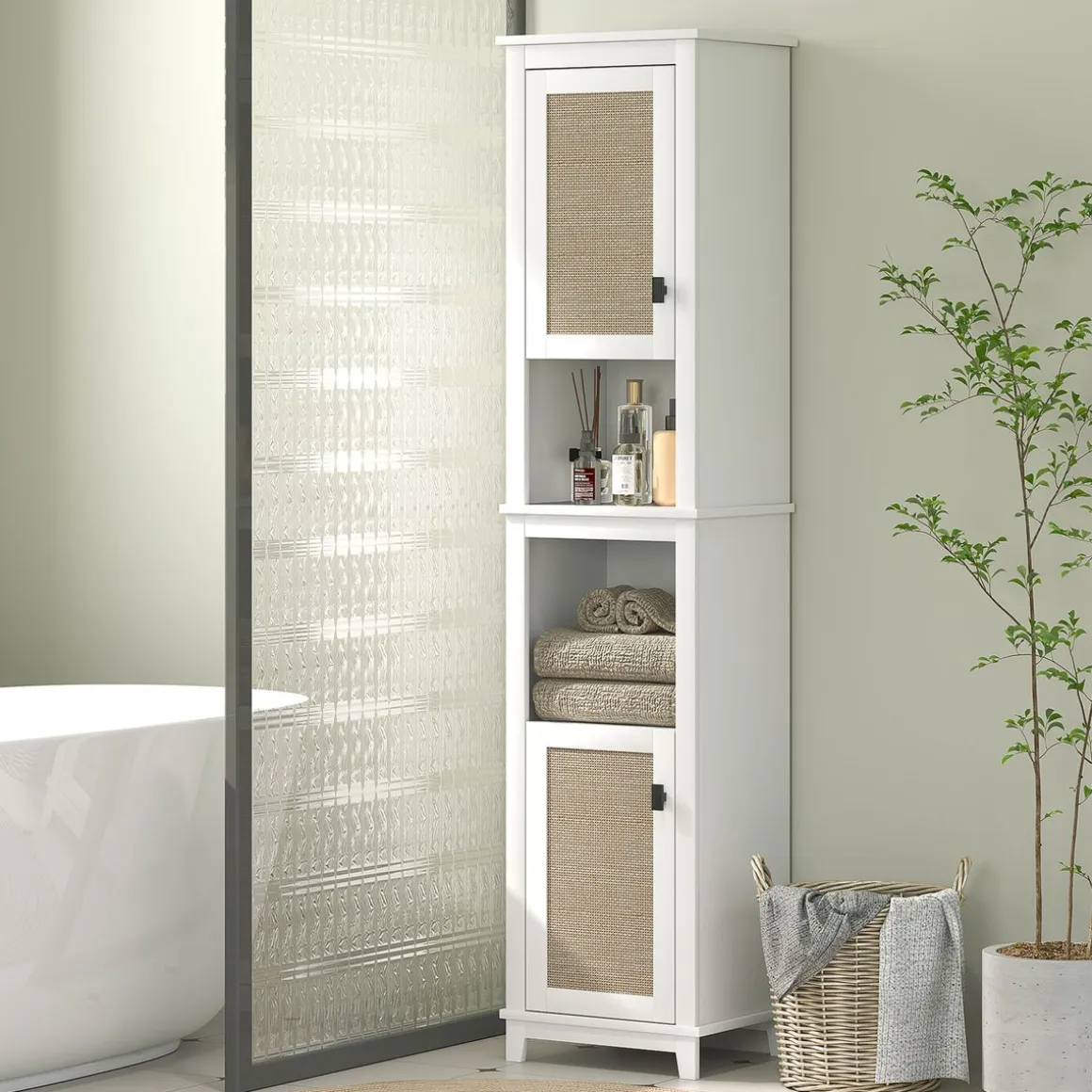 Columna de baño Sahara Homcom 2 puertas con 2 compartimentos blanco/natural 167,5x40x30 cm