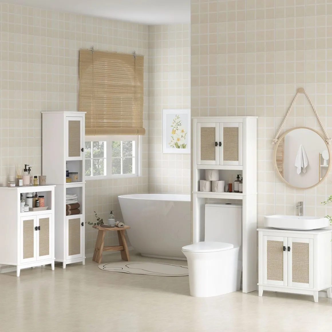 Columna de baño Sahara Homcom 2 puertas con 2 compartimentos blanco/natural 167,5x40x30 cm