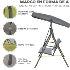 Columpio balancín Torre Outsunny 3 plazas toldo ajustable gris 159x175x118 cm