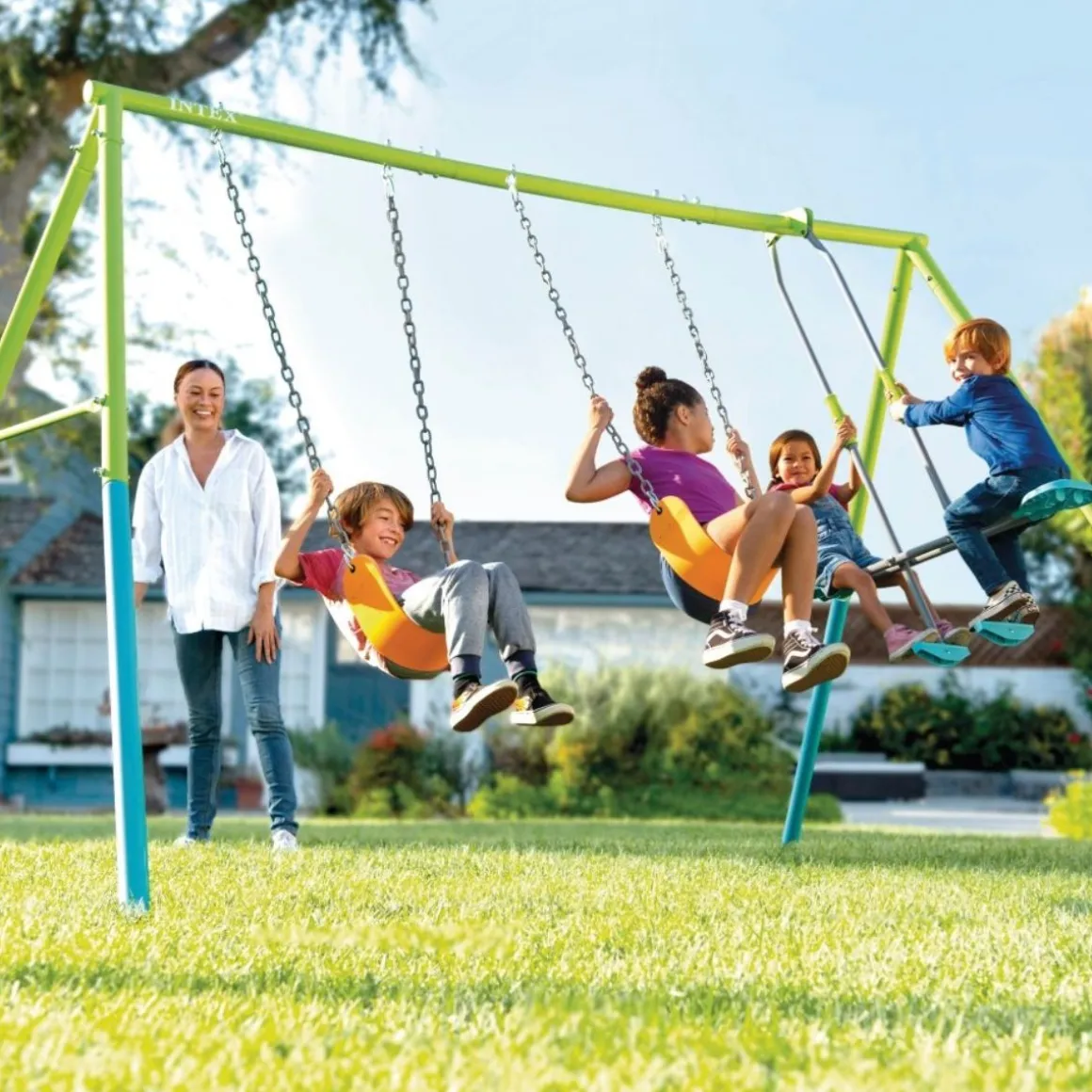 Columpio doble Intex con balancín 3-10A verde/azul 211x343x254 cm