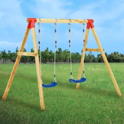 Columpio infantil de madera 2 asientos natural +3A 166x230x130 cm