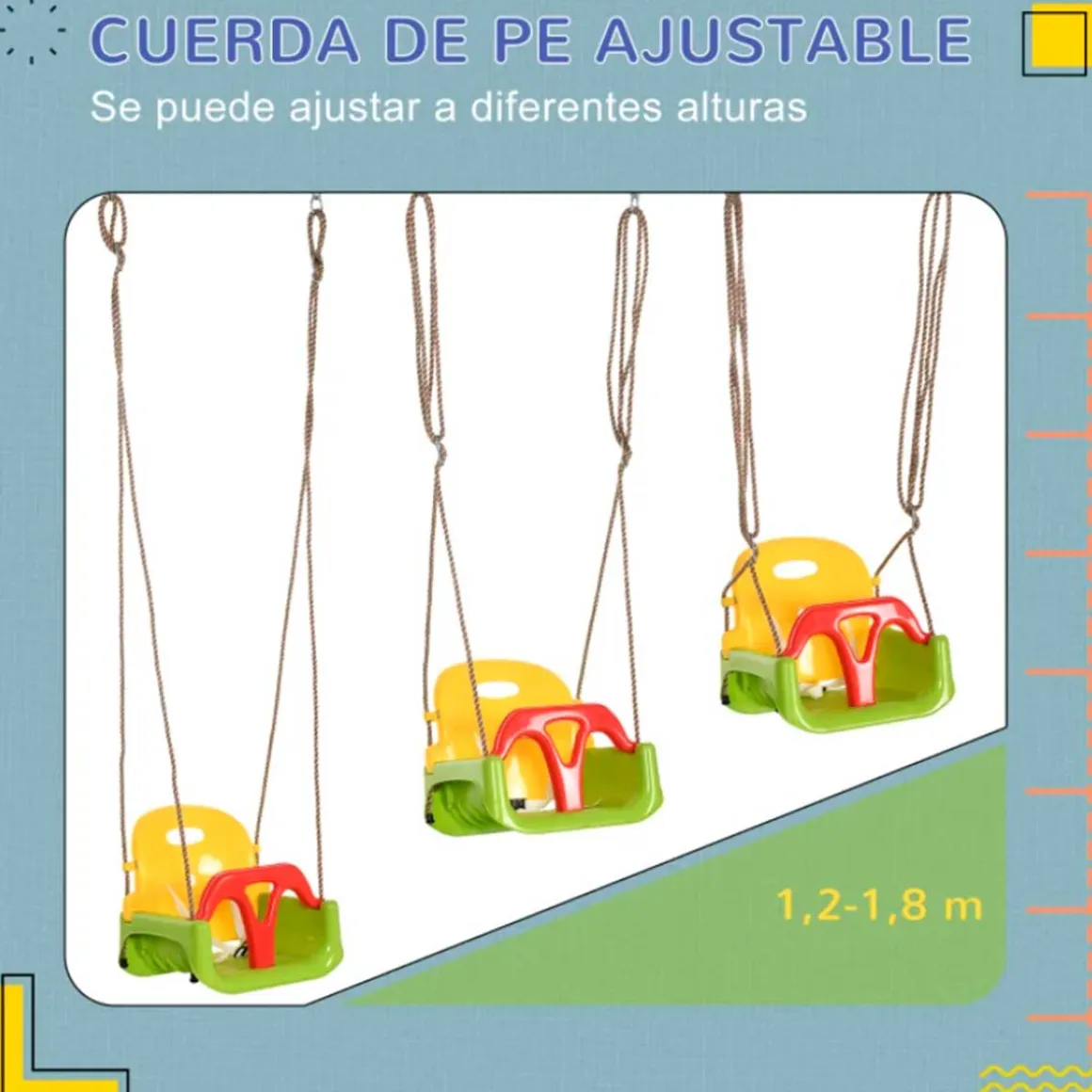 Columpio infantil Outsunny con respaldo y barra en T +9M multicolor 120/180x42x33 cm