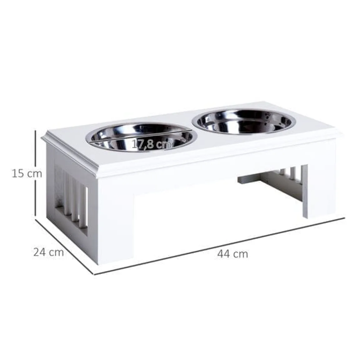 Comedero elevado para perros PawHut 2 cuencos extraíbles de acero inox blanco 15x44x24 cm
