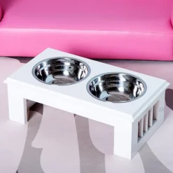 Comedero elevado para perros PawHut 2 cuencos extraíbles de acero inox blanco 15x44x24 cm