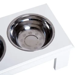 Comedero elevado para perros PawHut 2 cuencos extraíbles de acero inox blanco 15x44x24 cm