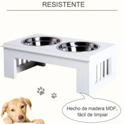 Comedero elevado para perros PawHut 2 cuencos extraíbles de acero inox blanco 15x44x24 cm