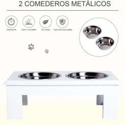 Comedero elevado para perros PawHut 2 cuencos extraíbles de acero inox blanco 15x44x24 cm