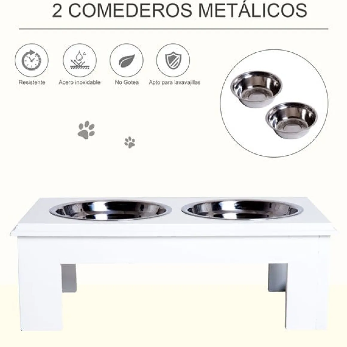 Comedero elevado para perros PawHut 2 cuencos extraíbles de acero inox blanco 15x44x24 cm
