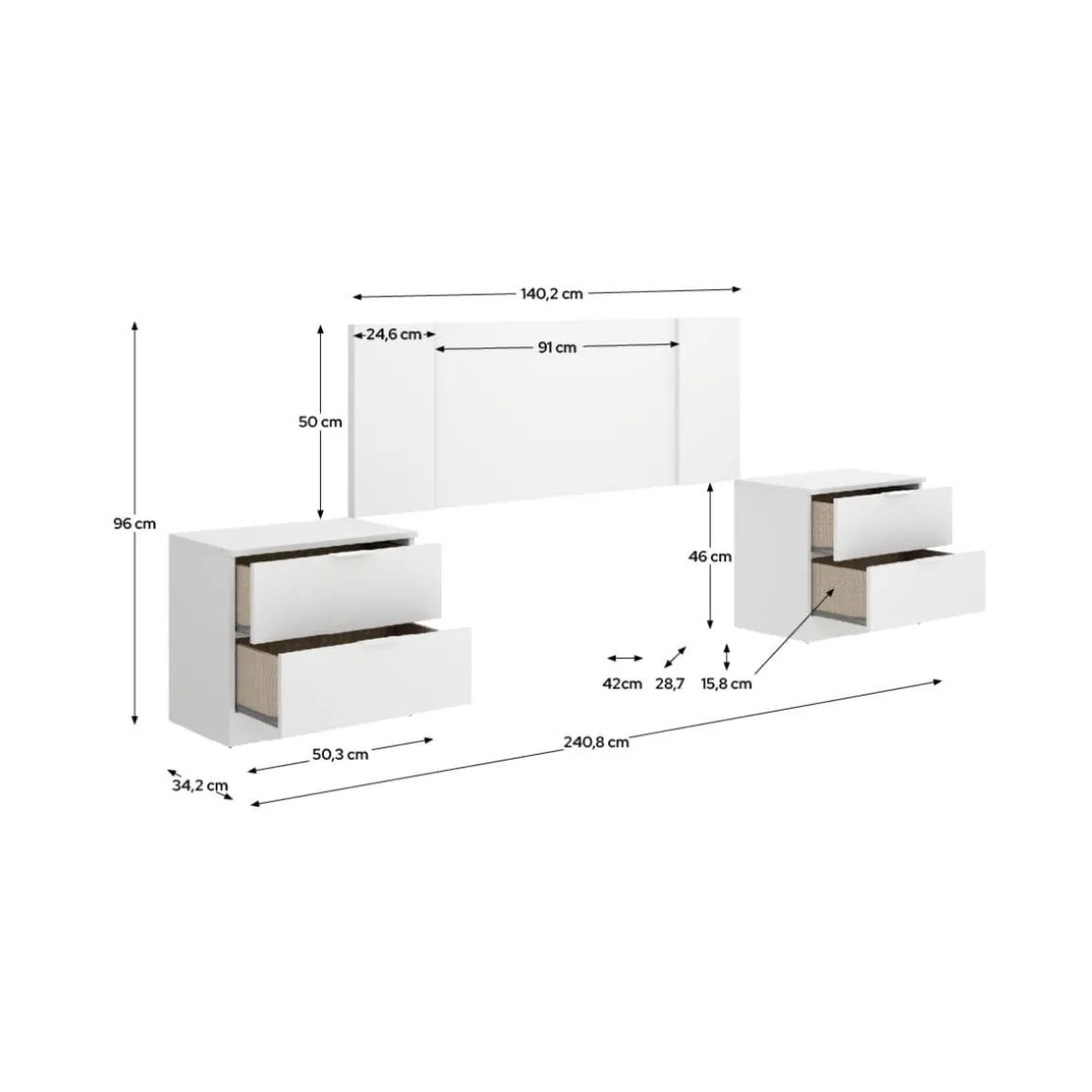 Composición de dormitorio Flow 2 mesitas con cabecero blanco 96x240,8x34,2 cm