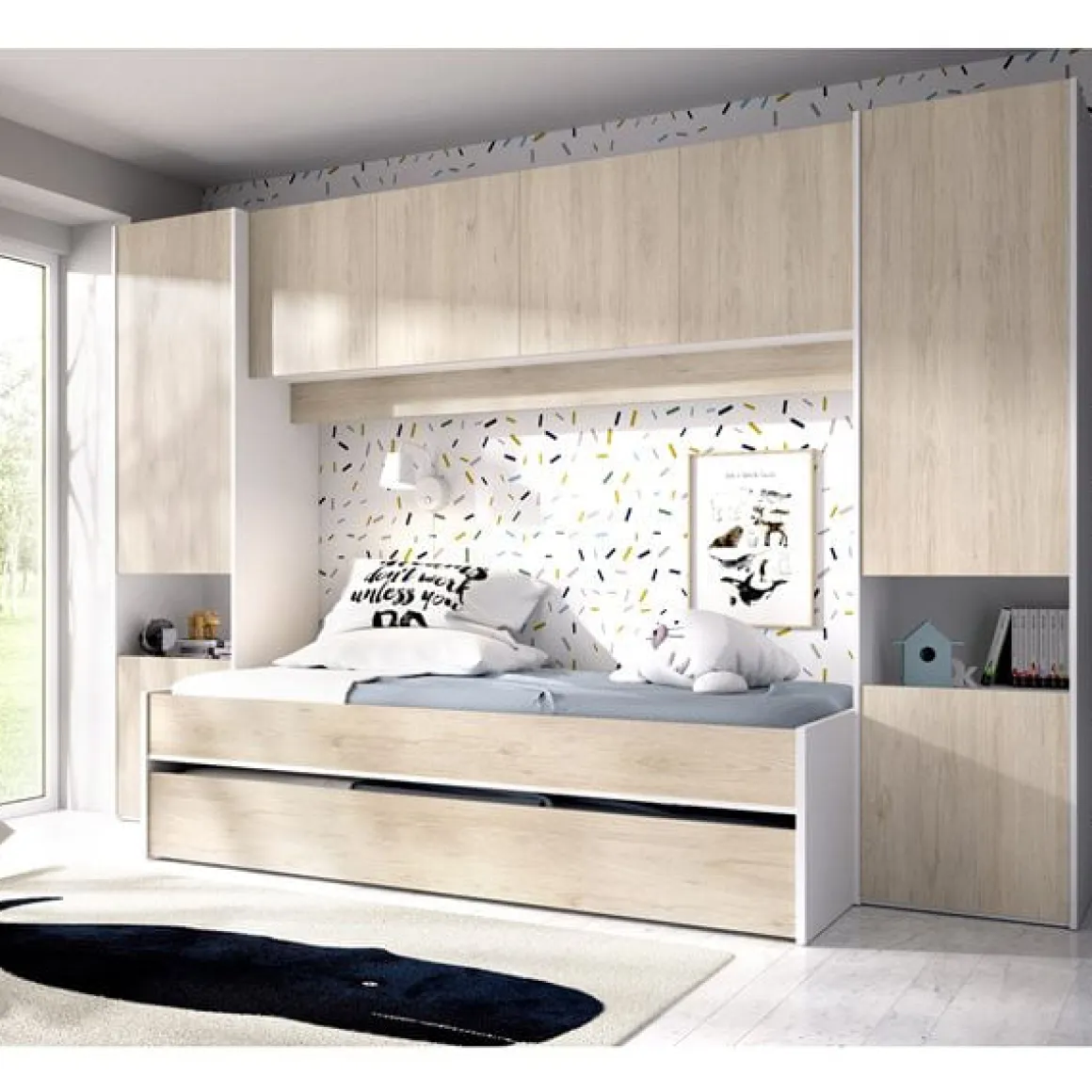 Composición de dormitorio Kwai 2 camas con 6 armarios y 2 compartimentos blanco/natural