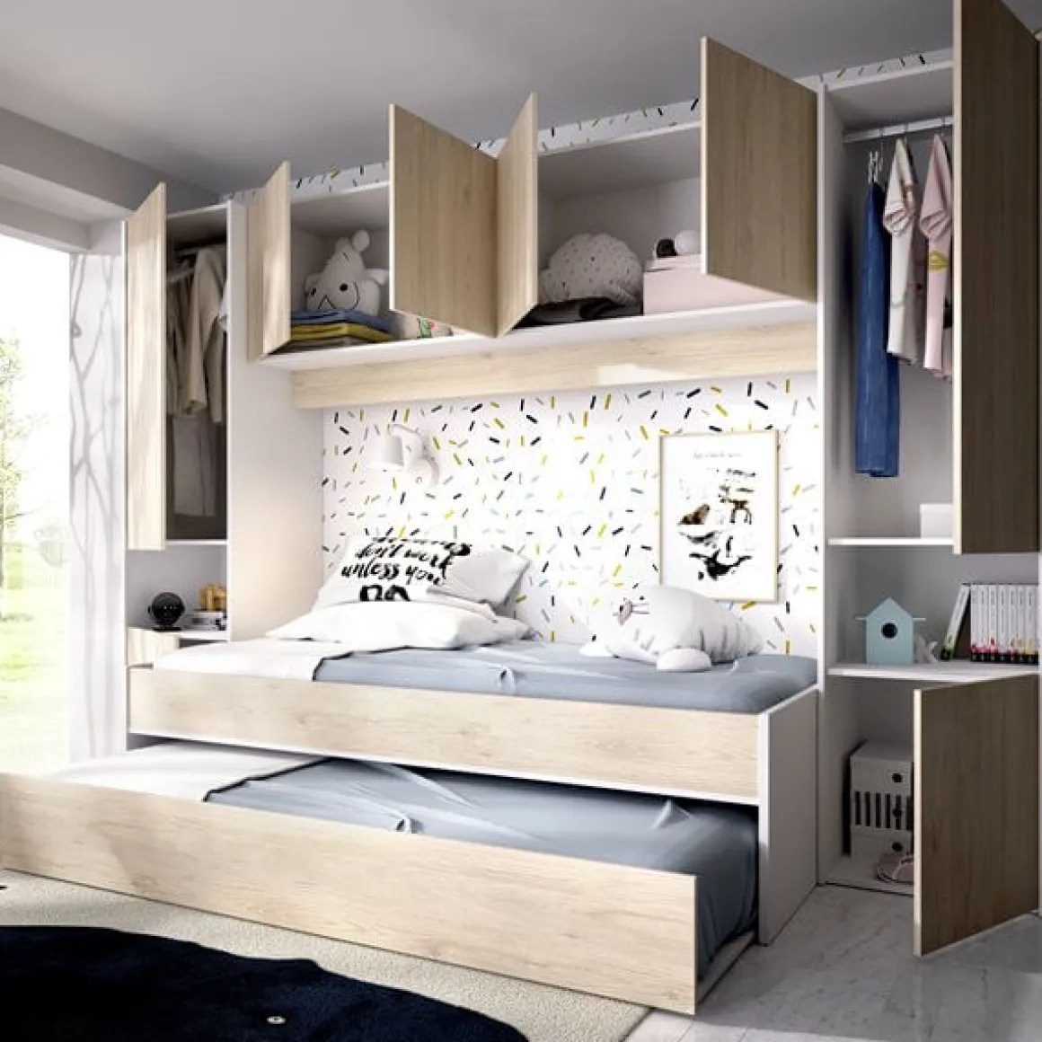Composición de dormitorio Kwai 2 camas con 6 armarios y 2 compartimentos blanco/natural