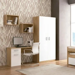 Composición de dormitorio Champion 05 cama nido + armario + escritorio + 3 estantes cambria/blanco