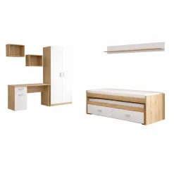Composición de dormitorio Champion 05 cama nido + armario + escritorio + 3 estantes cambria/blanco