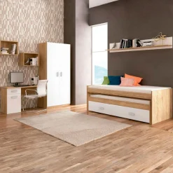 Composición de dormitorio Champion 05 cama nido + armario + escritorio + 3 estantes cambria/blanco