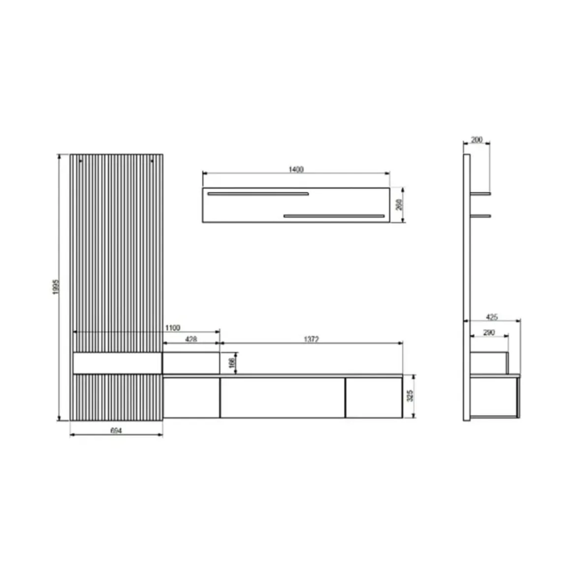 Composición de salón Basi mueble de TV + estante + panel blanco/natural